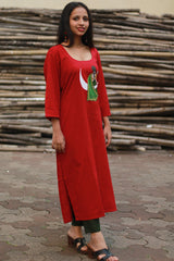 Long Kurta | Hand Painted Yoke | Rouge