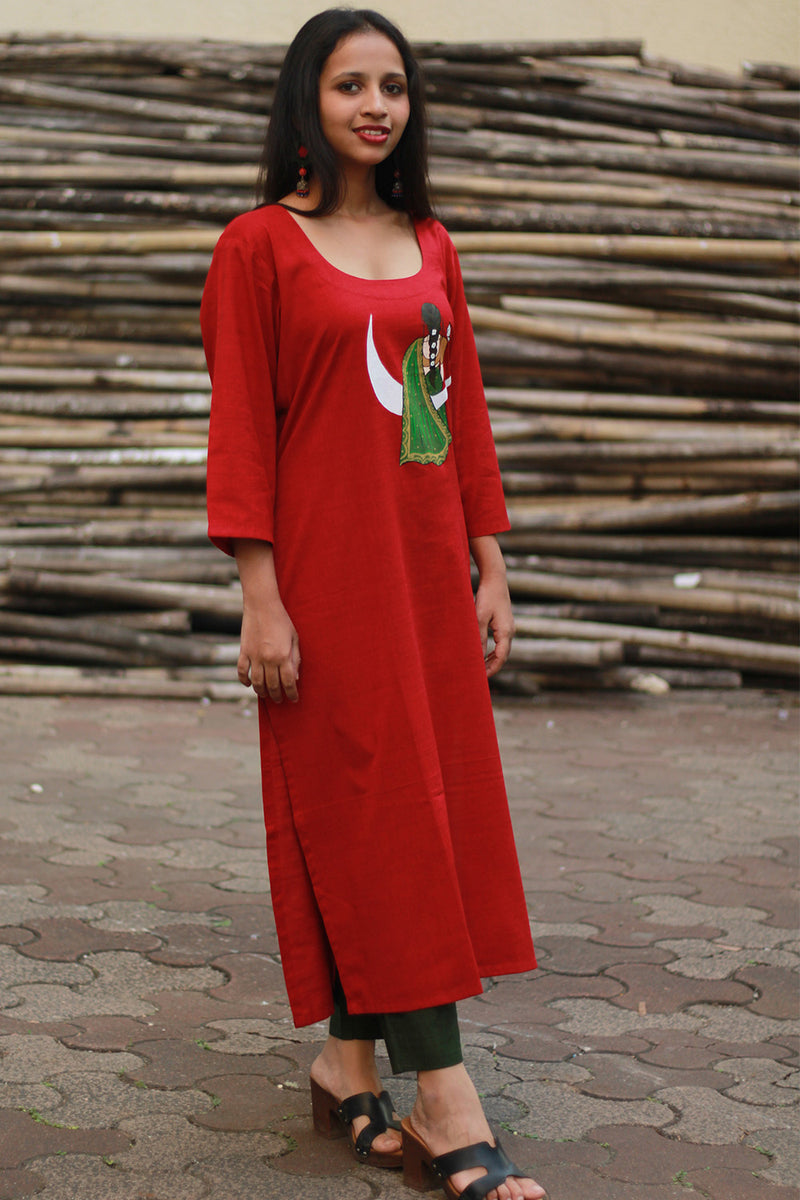 Long Kurta | Hand Painted Yoke | Rouge