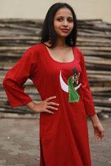 Long Kurta | Hand Painted Yoke | Rouge