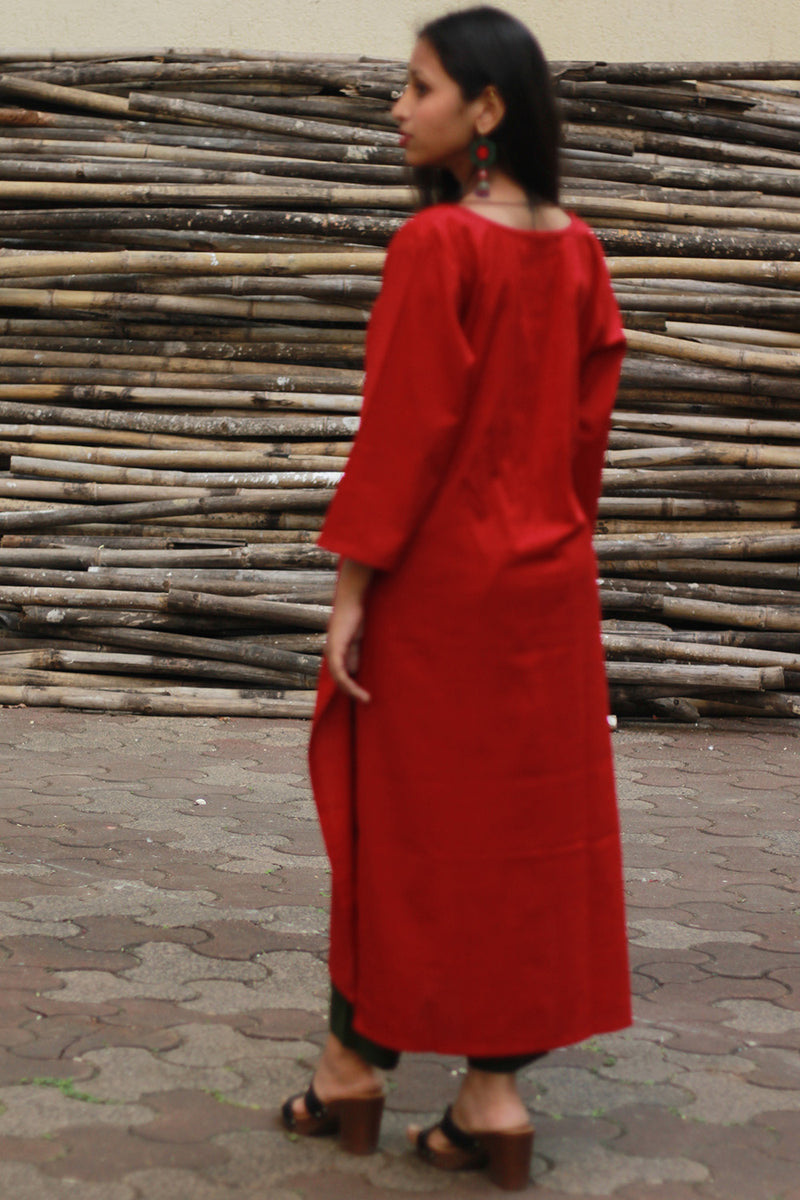 Long Kurta | Hand Painted Yoke | Rouge