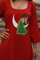 Long Kurta | Hand Painted Yoke | Rouge