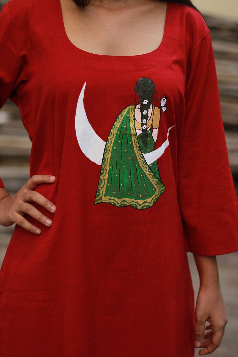 Long Kurta | Hand Painted Yoke | Rouge