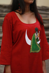 Long Kurta | Hand Painted Yoke | Rouge