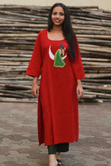 Long Kurta | Hand Painted Yoke | Rouge