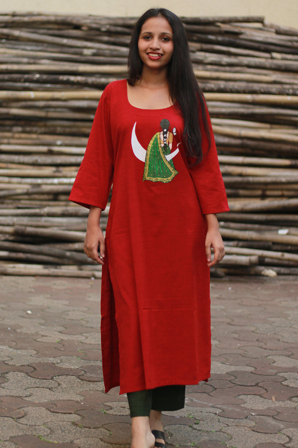 Long Kurta | Hand Painted Yoke | Rouge