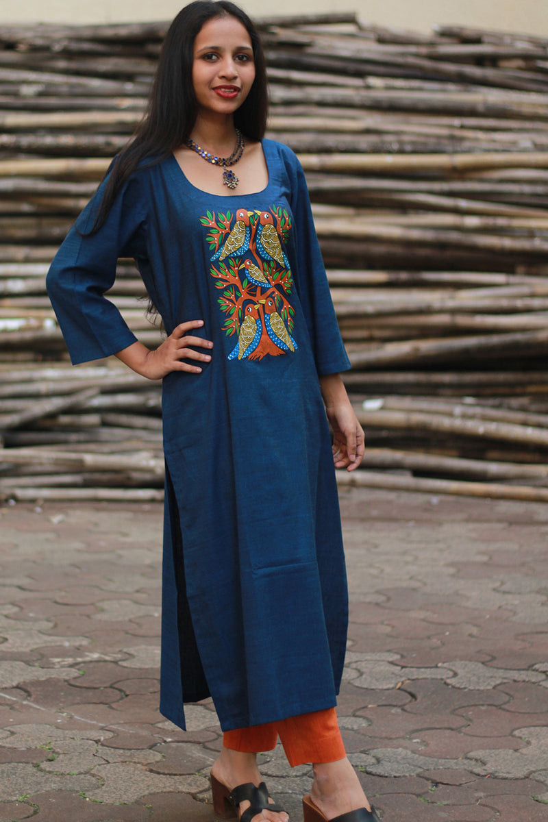 Long Kurta | Hand Painted Yoke | Blue