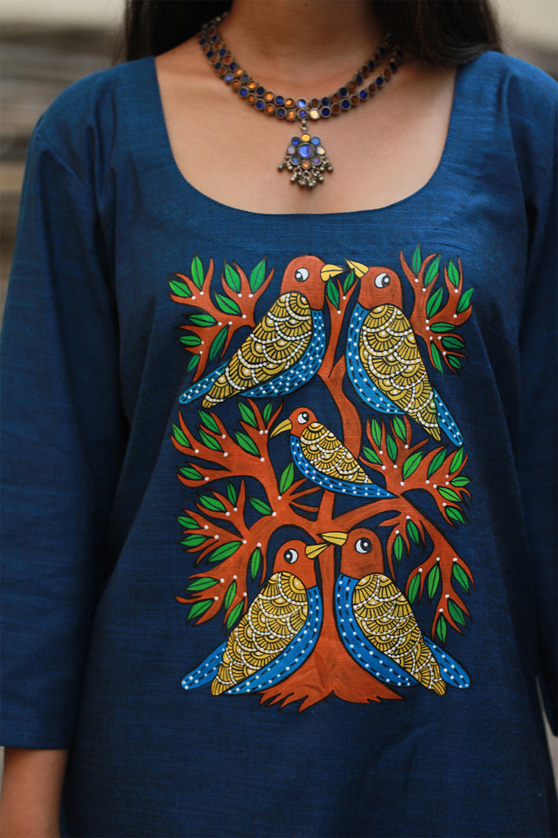 Long Kurta | Hand Painted Yoke | Blue