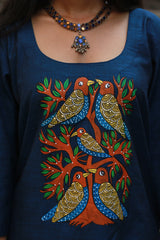 Long Kurta | Hand Painted Yoke | Blue