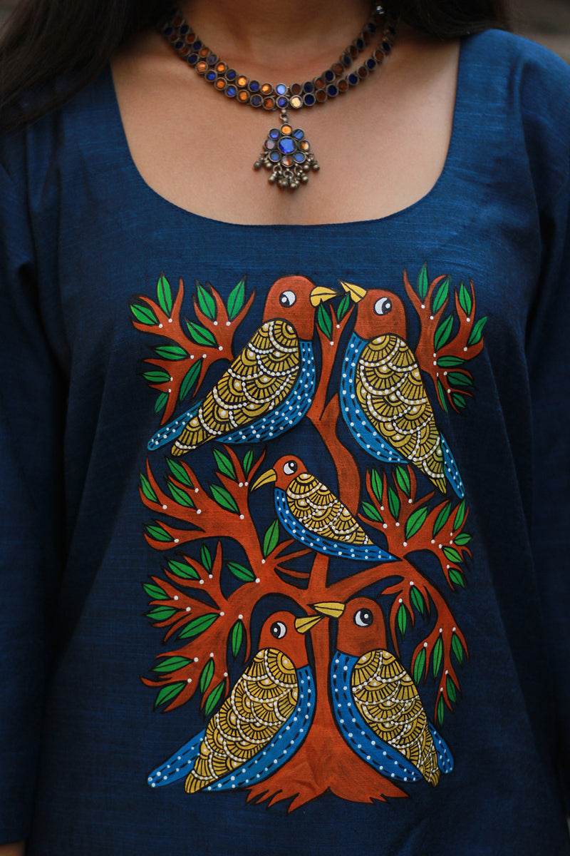 Long Kurta | Hand Painted Yoke | Blue