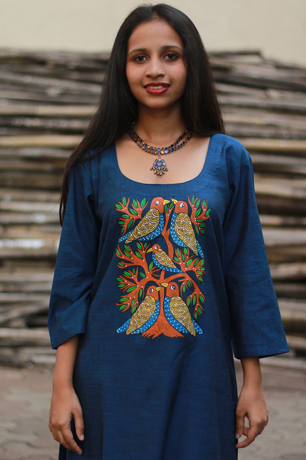 Long Kurta | Hand Painted Yoke | Blue