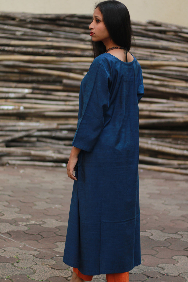 Long Kurta | Hand Painted Yoke | Blue