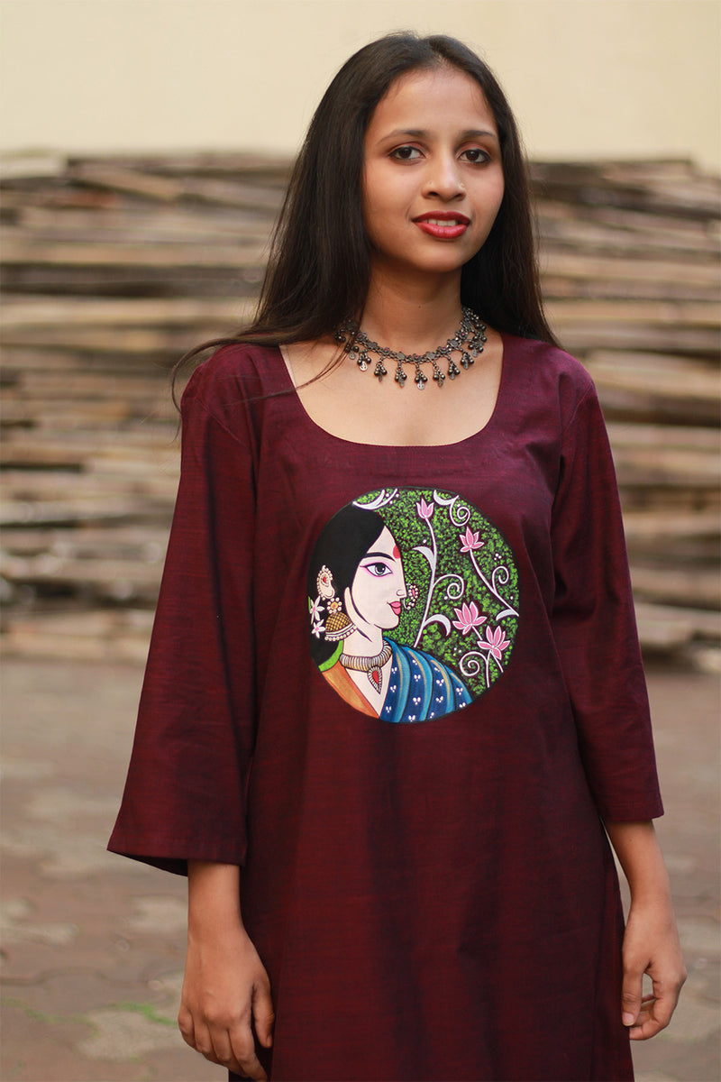 Long Kurta | Hand Painted Yoke | Wine