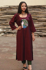 Long Kurta | Hand Painted Yoke | Wine
