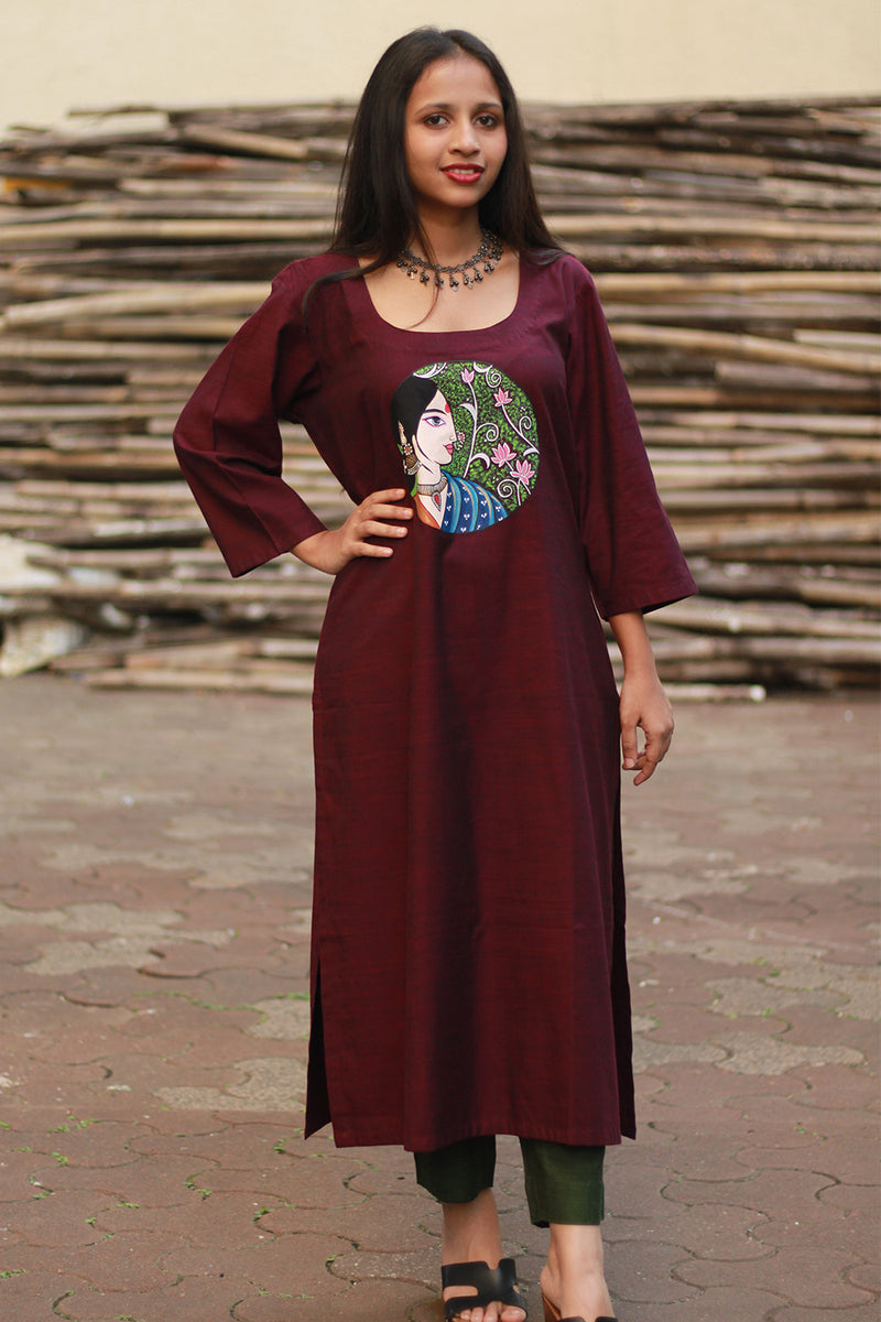 Long Kurta | Hand Painted Yoke | Wine