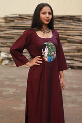 Long Kurta | Hand Painted Yoke | Wine