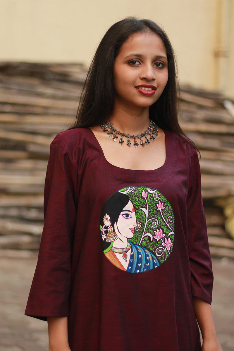 Long Kurta | Hand Painted Yoke | Wine