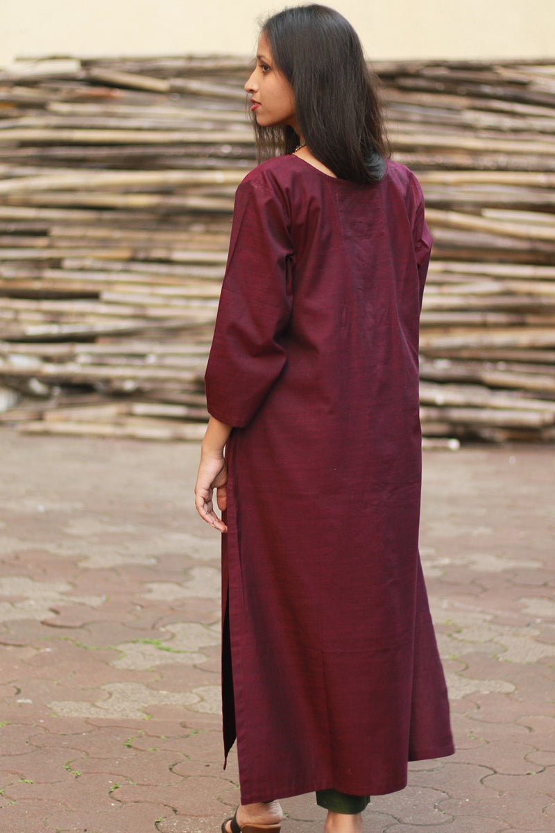Long Kurta | Hand Painted Yoke | Wine