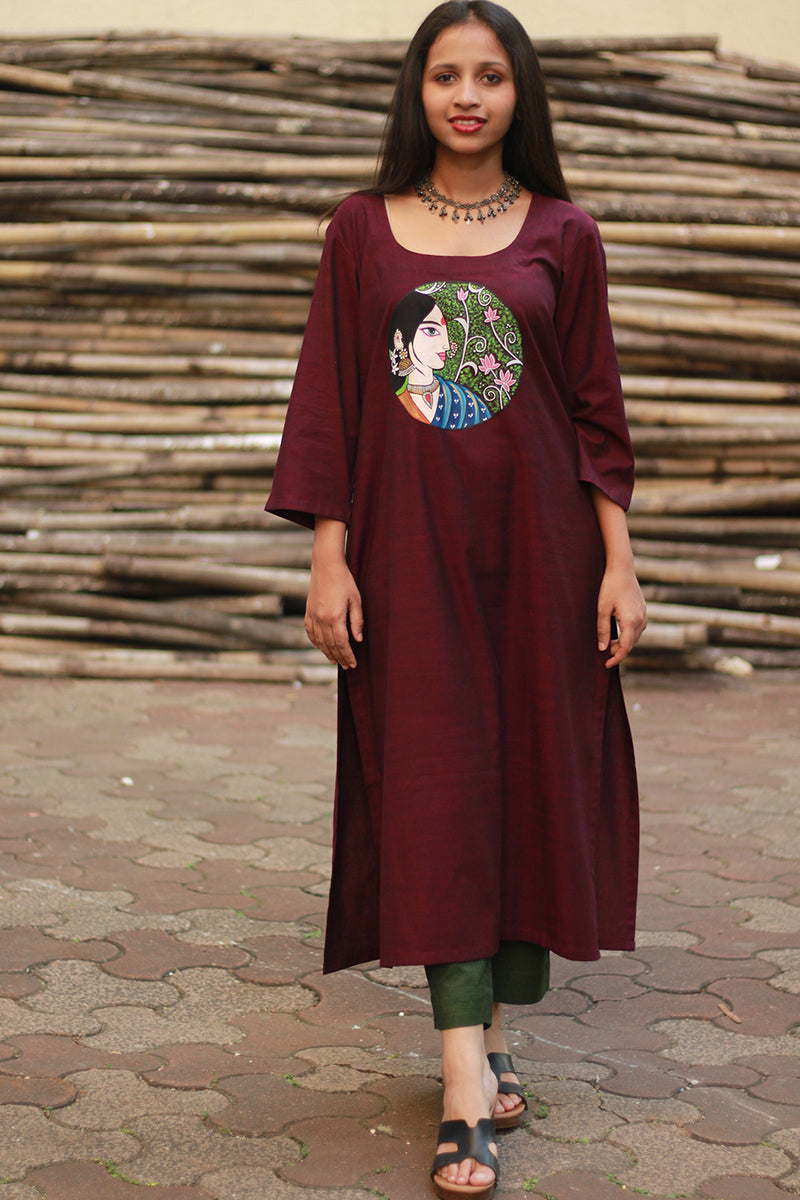 Long Kurta | Hand Painted Yoke | Wine