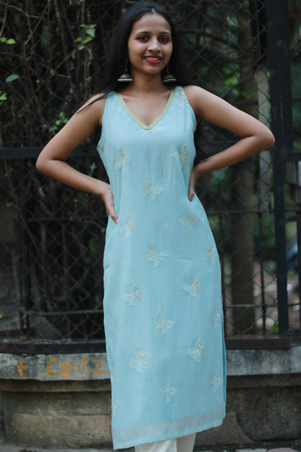 Sleeveless Chanderi Cotton Silk Kurta | Blue