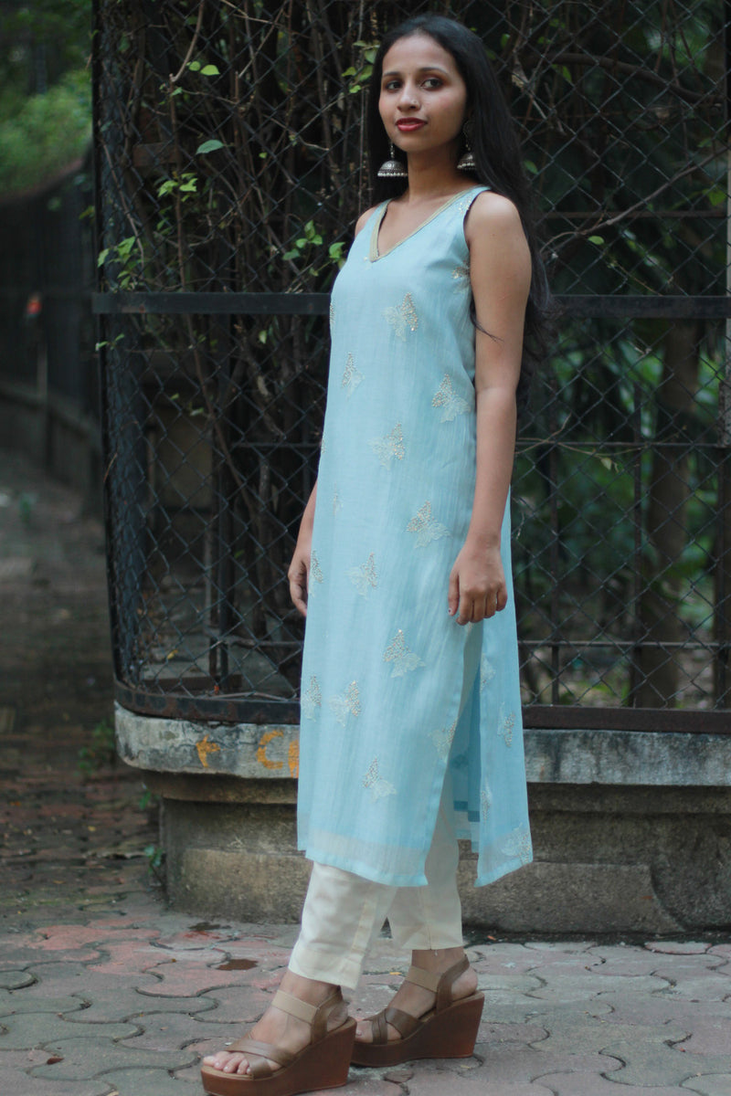Sleeveless Chanderi Cotton Silk Kurta | Blue
