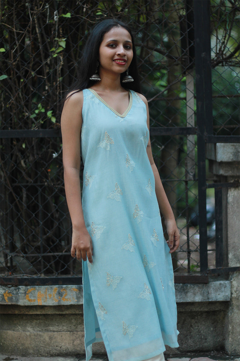 Sleeveless Chanderi Cotton Silk Kurta | Blue