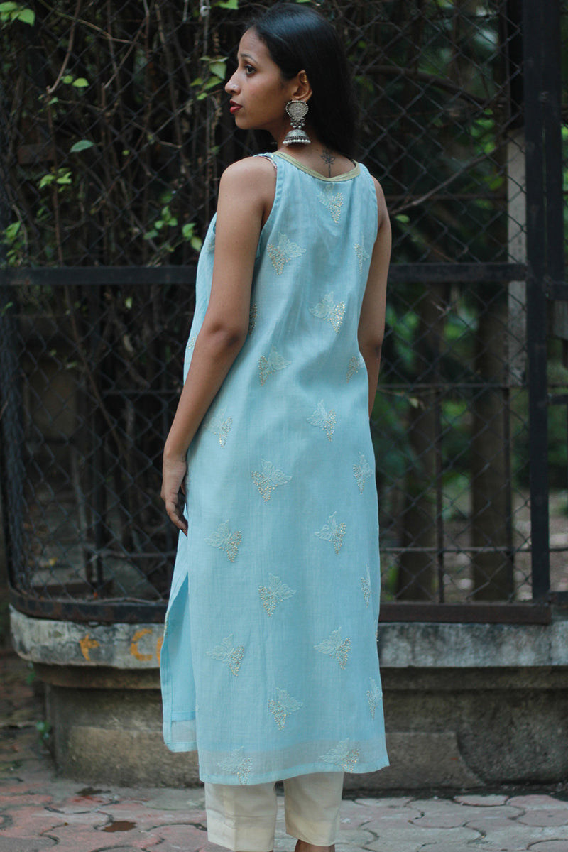 Sleeveless Chanderi Cotton Silk Kurta | Blue
