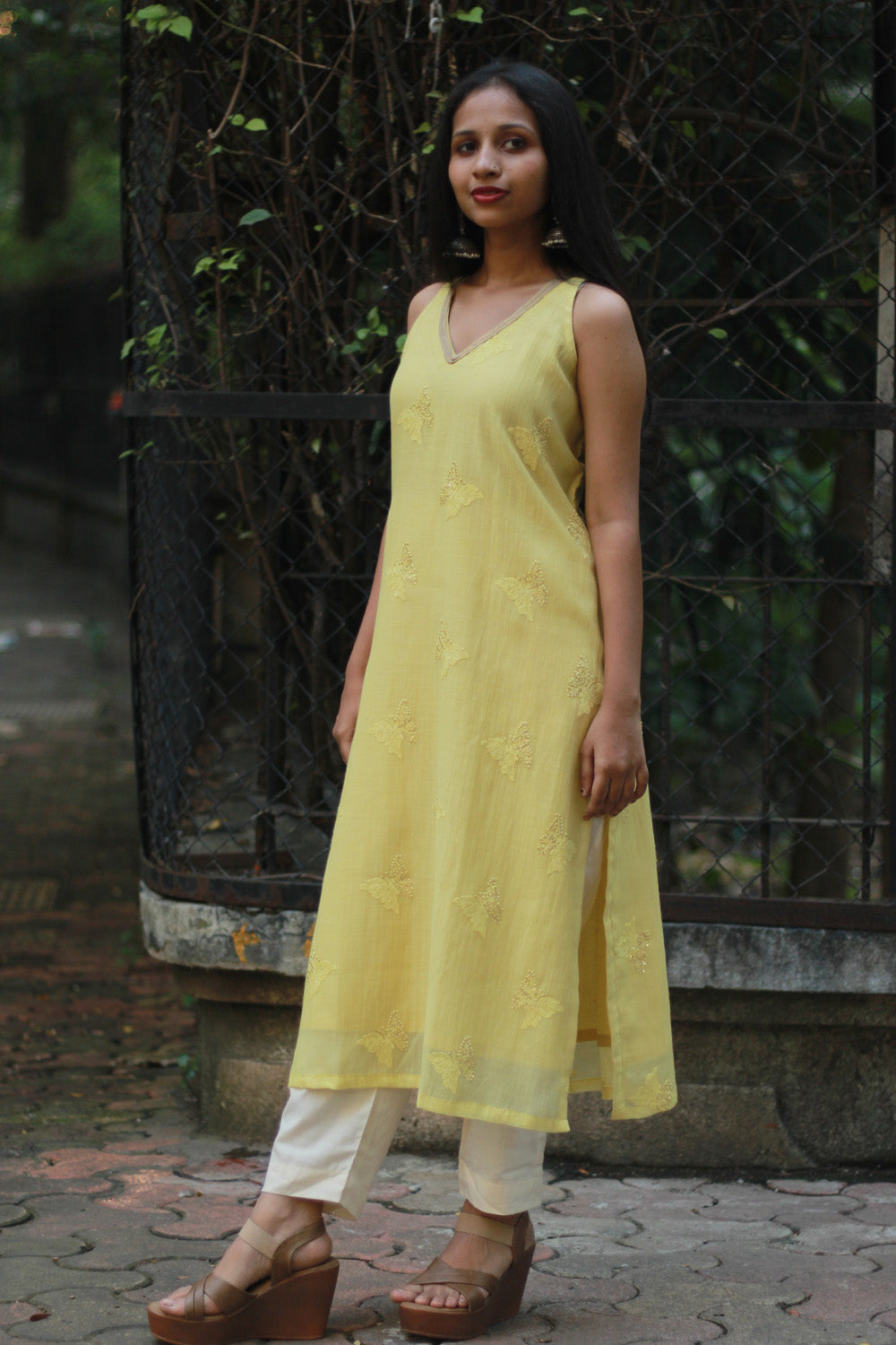 Sleeveless Chanderi Cotton Silk Kurta | Yellow