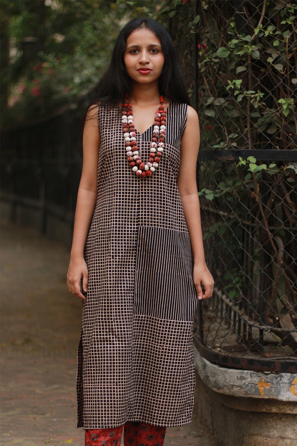Dhaariyan | Sleeveless Long Kurta | Noir Stripes Ajrakh