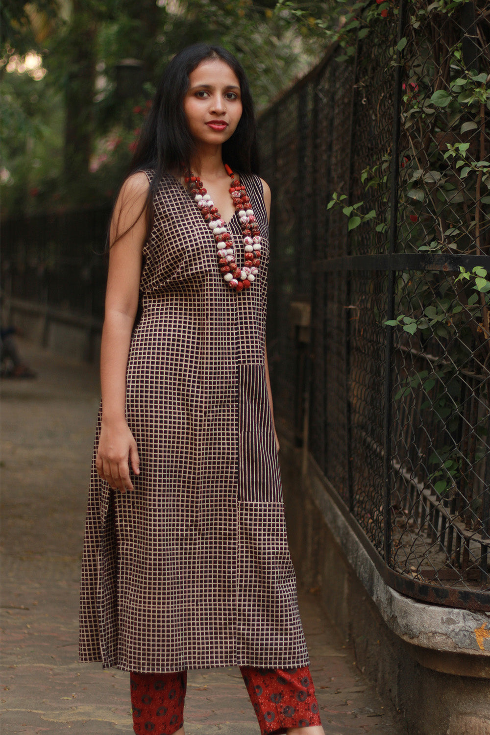 Dhaariyan | Sleeveless Long Kurta | Noir Stripes Ajrakh