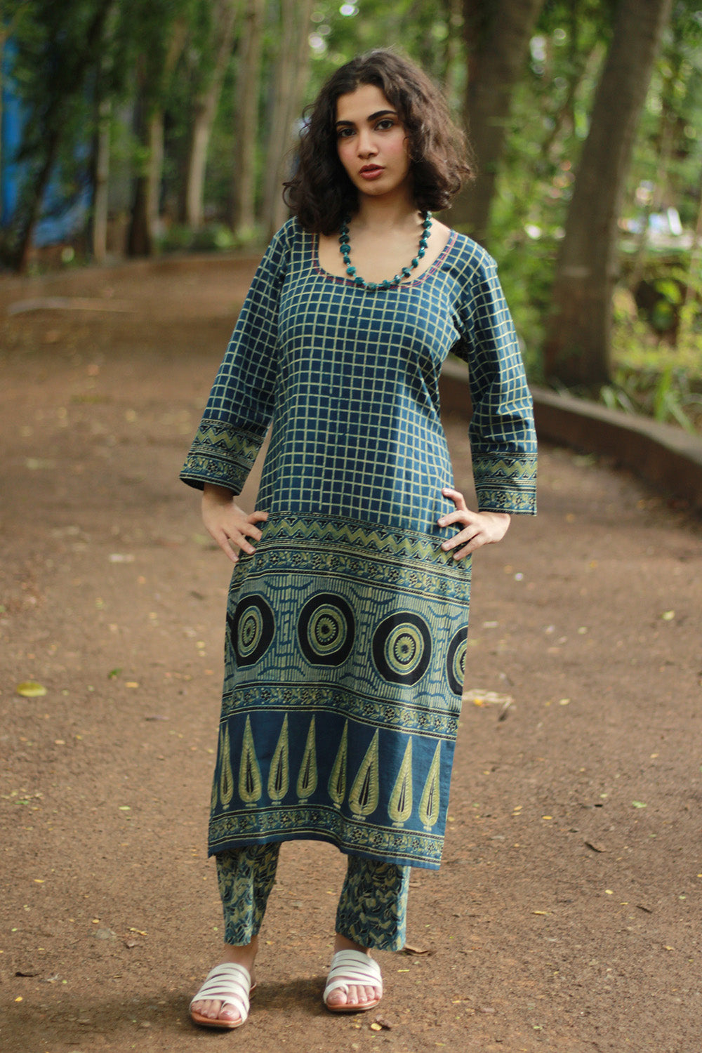 Abhira | Long Kurta | Sea Green Ajrakh