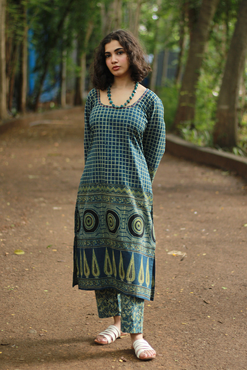 Abhira | Long Kurta | Sea Green Ajrakh