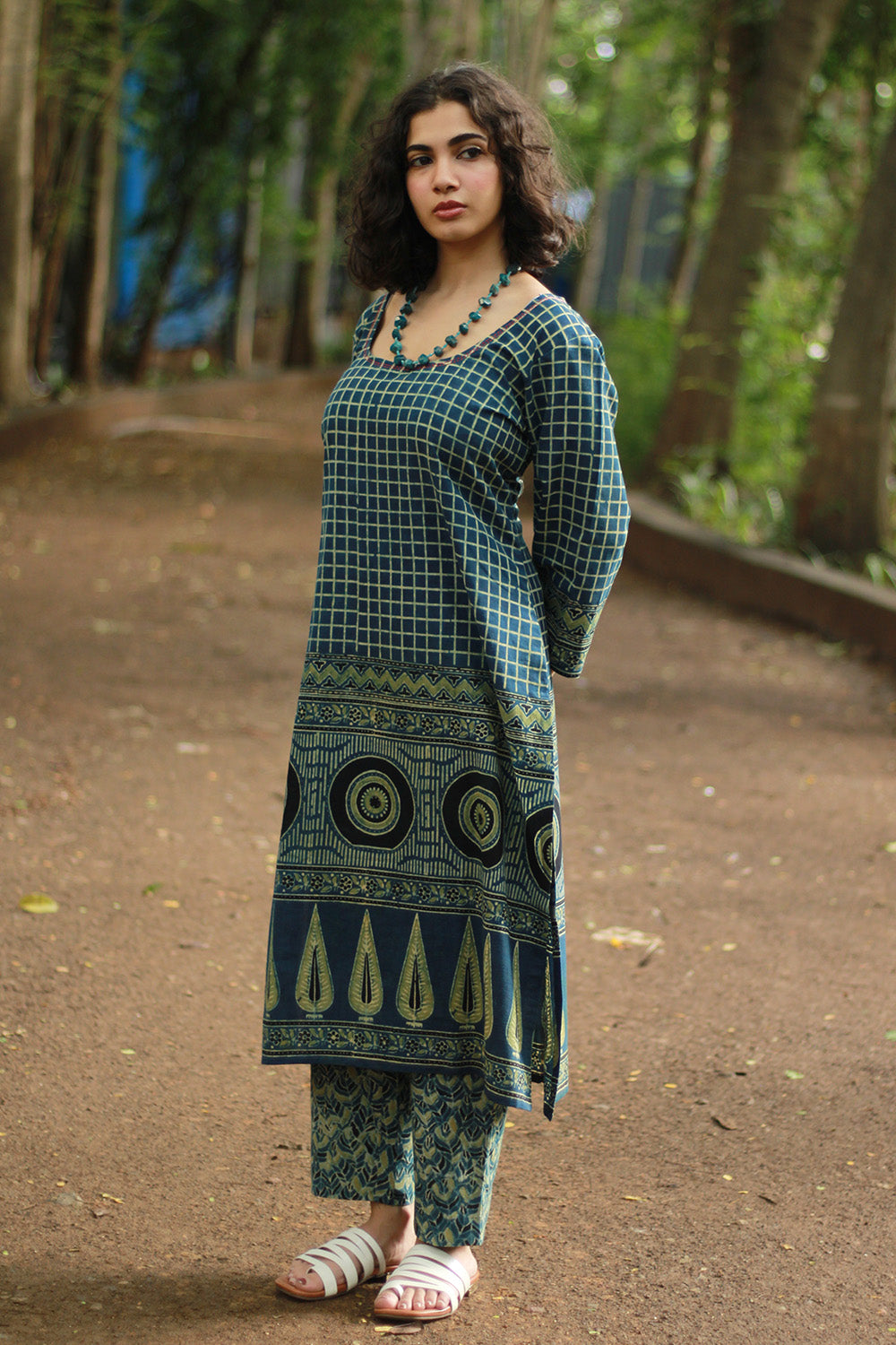 Abhira | Long Kurta | Sea Green Ajrakh