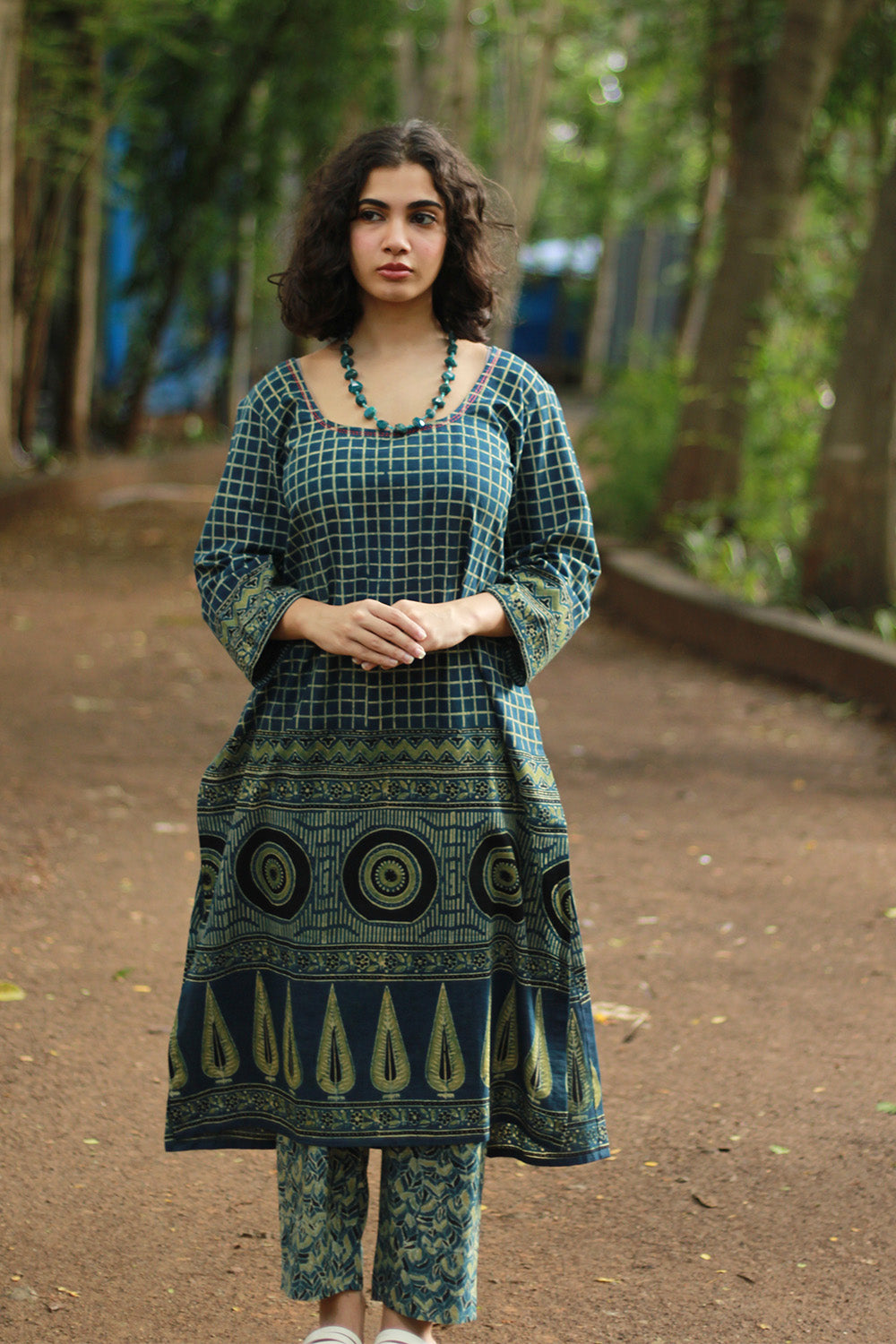 Abhira | Long Kurta | Sea Green Ajrakh