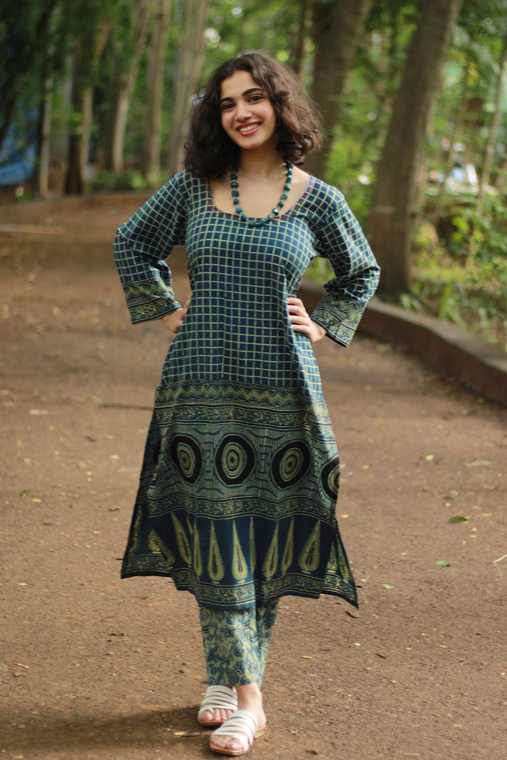 Abhira | Long Kurta | Sea Green Ajrakh