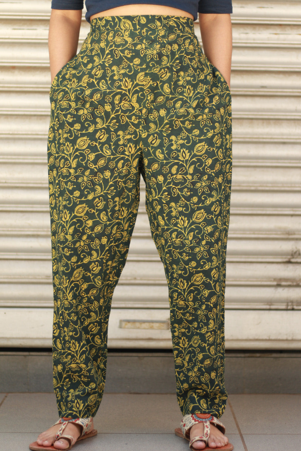 Pranava | Slim Pants | Green Floral Ajrakh