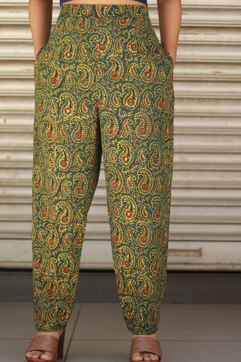 Pranava | Slim Pants | Green Kairi Ajrakh