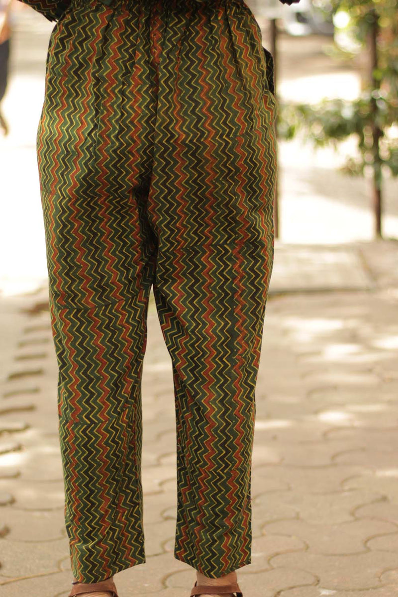 Pranava | Slim Pants | Green Chevron Ajrakh