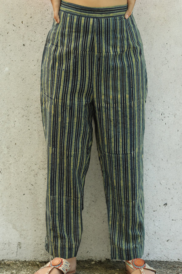 Pranava | Slim Pants | Sea Green Stripes Ajrakh
