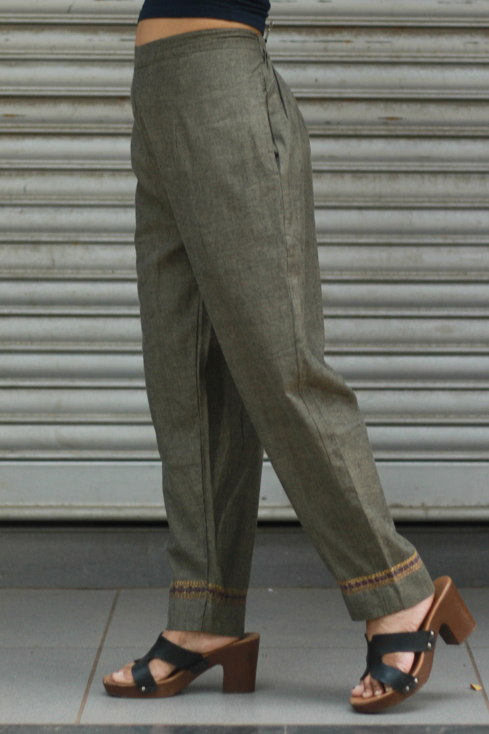Amala | Slim Pants | Embroidered | Ash Brown