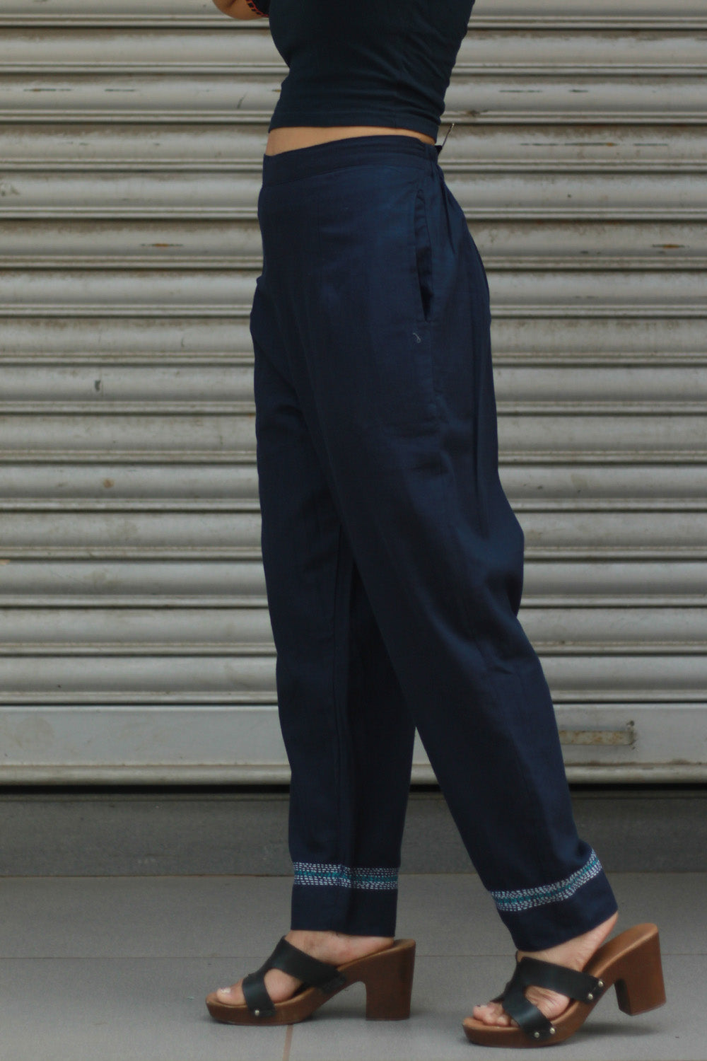 Amala | Slim Pants | Embroidered | Ink Blue