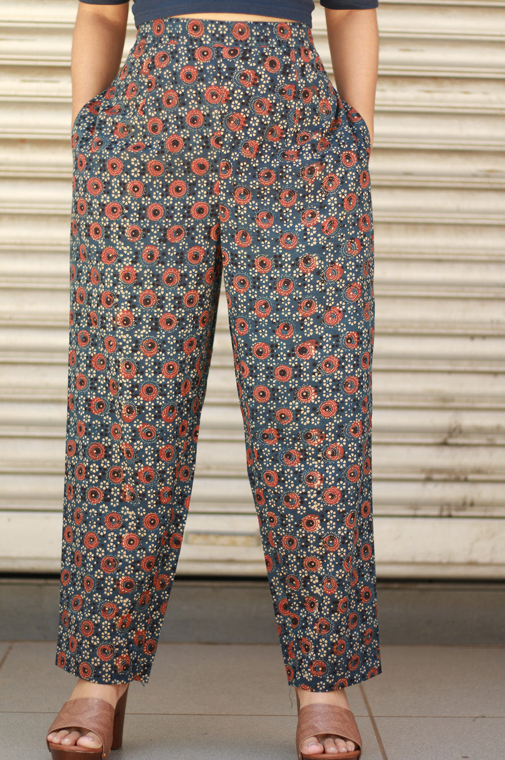 Pranava | Slim Pants | Blue Floral Ajrakh