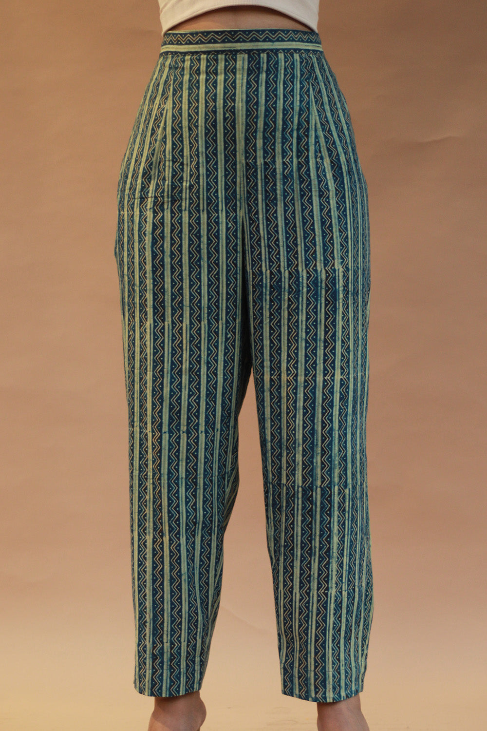Pranava | Slim Pants | Sea Green Chevron Ajrakh