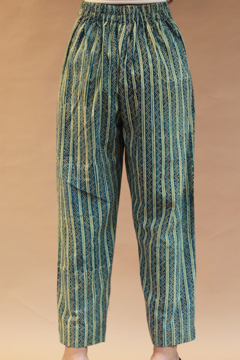 Pranava | Slim Pants | Sea Green Chevron Ajrakh