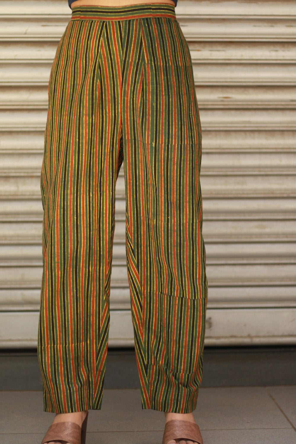 Dhaariyan | Pranava | Slim Pants | Green Stripes Ajrakh