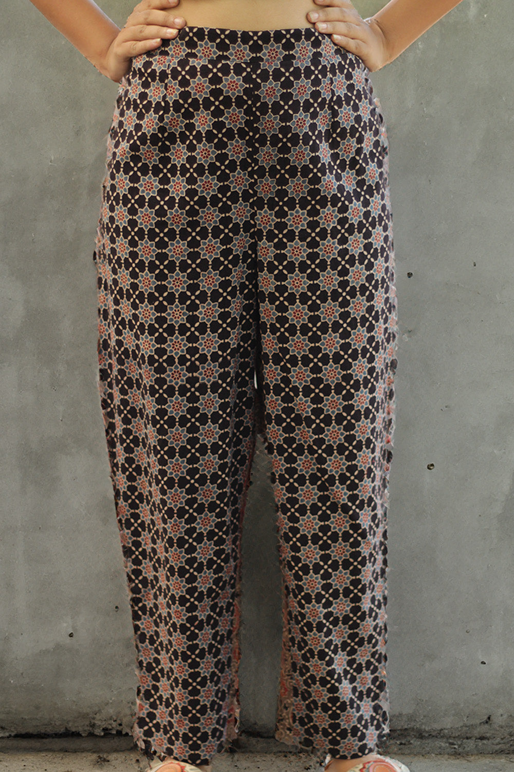 Pranava | Slim Pants |  Noir Trellis Ajrakh