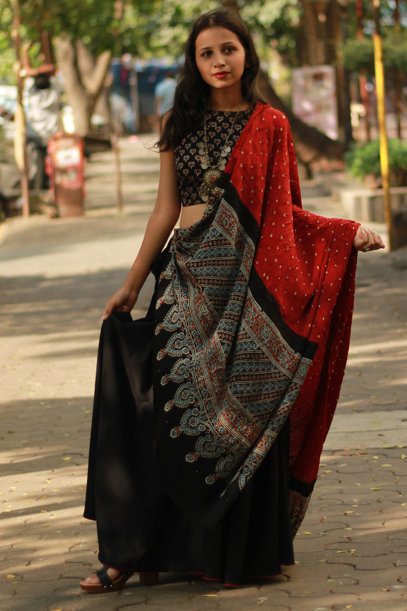 Modal Silk Ajrakh Bandhni Dupatta | Maroon
