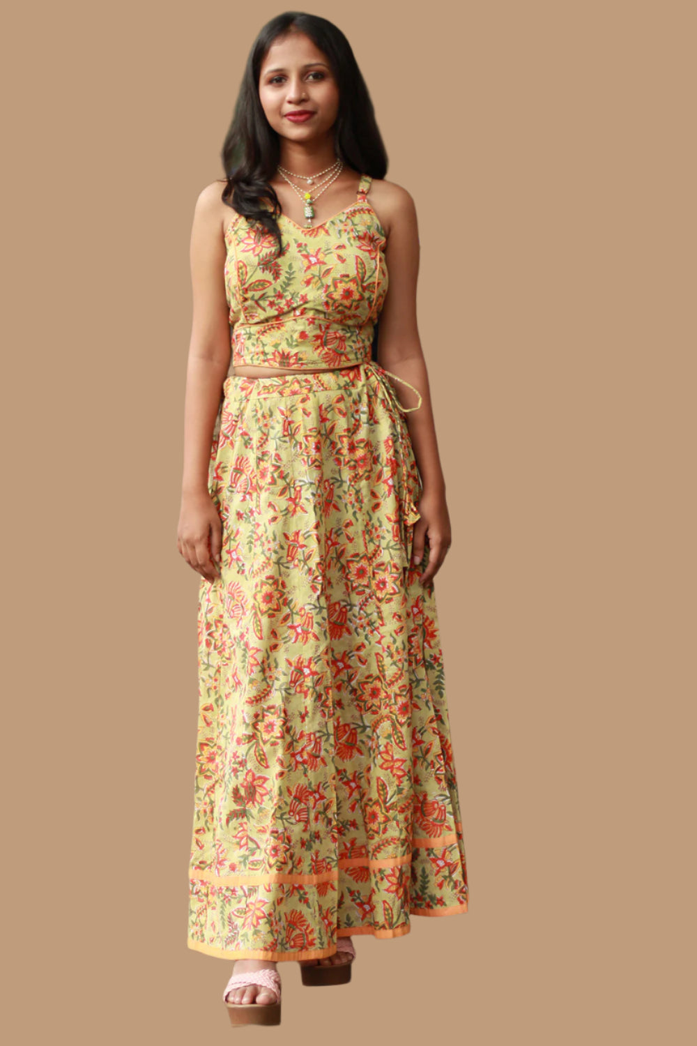 Tarangini | Kalidar Skirt | Sanganeri Floral Lime