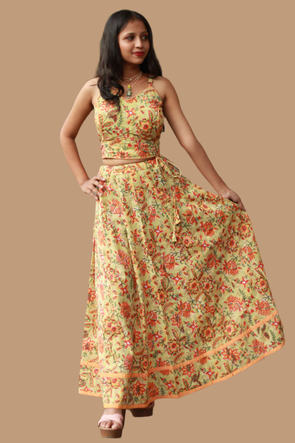 Tarangini | Kalidar Skirt | Sanganeri Floral Lime