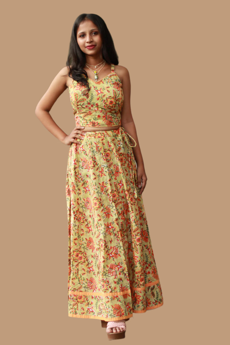 Tarangini | Kalidar Skirt | Sanganeri Floral Lime