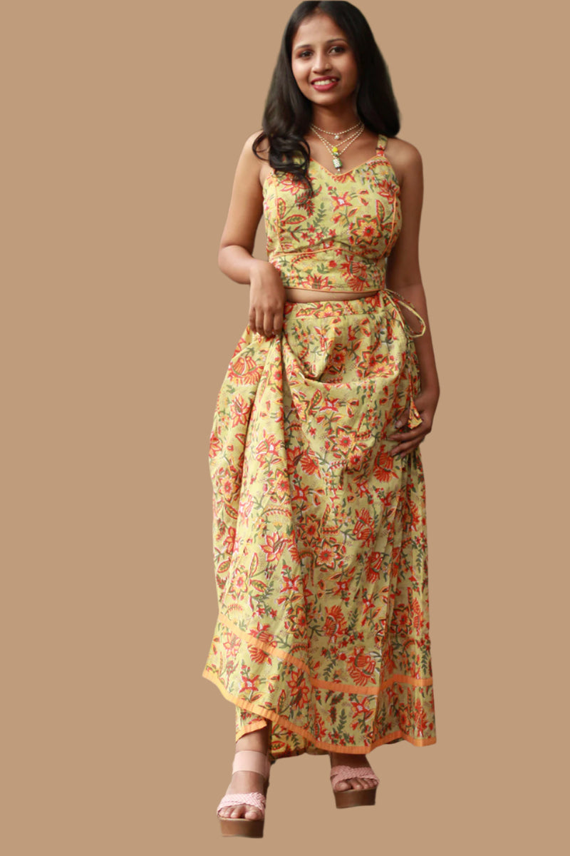 Tarangini | Kalidar Skirt | Sanganeri Floral Lime